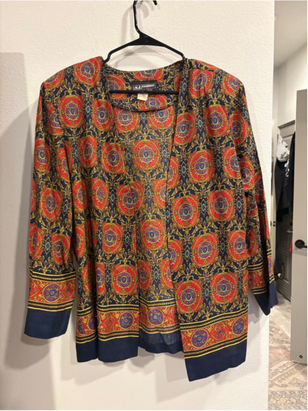 Vintage S.L. Fashions Medallion Print Open Front Cardigan Jacket 80s Boho Silky